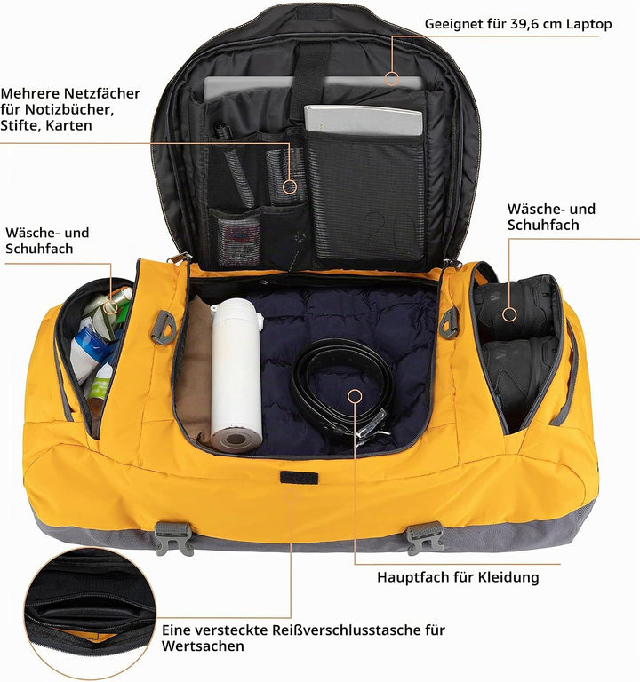 Ubon Faltbare Reisetasche Wasserdicht Grosse Sporttasche mit Fach Gelb 65L | Unisex-Rucksack,Wanderr