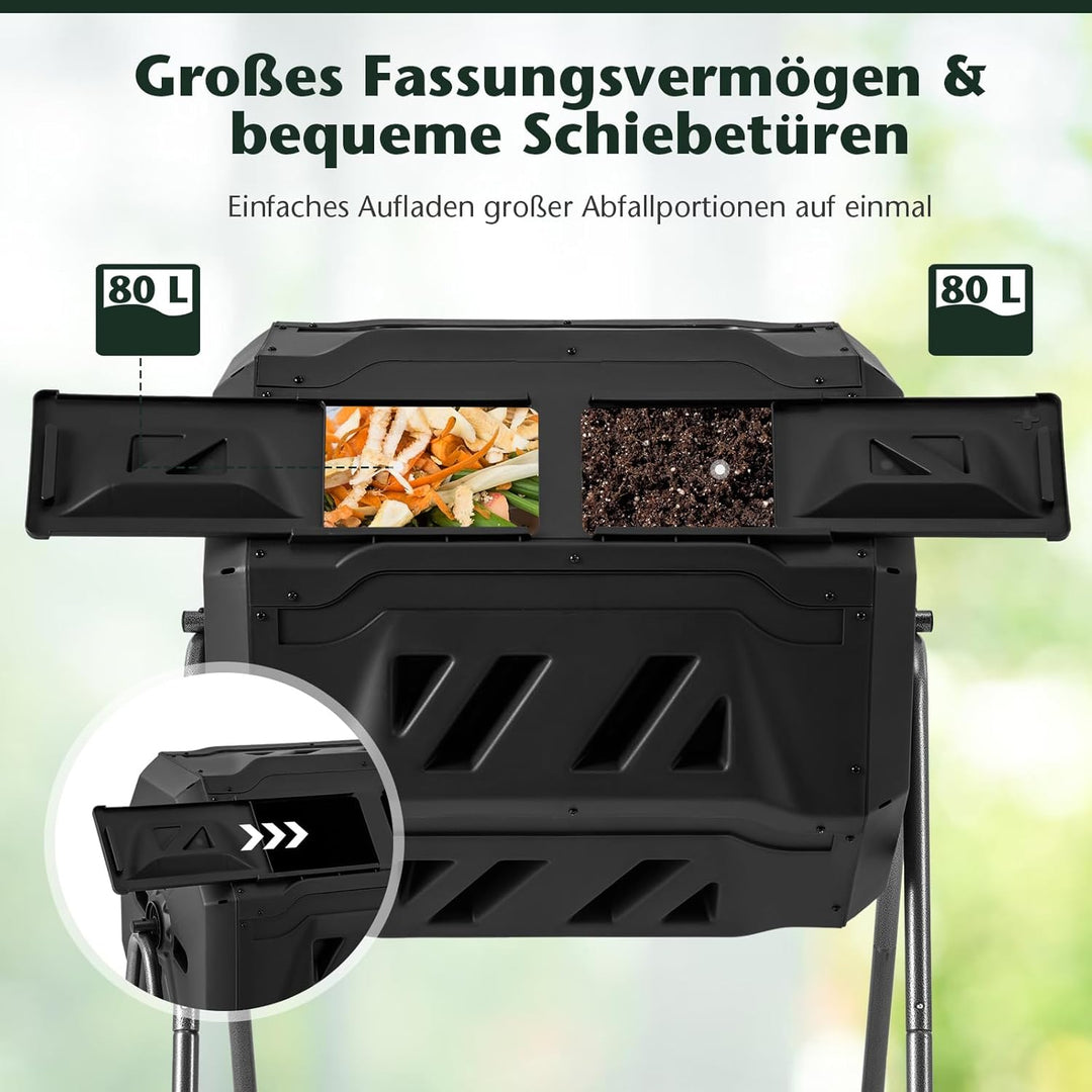RELAX4LIFE 160L Komposter Garten, Schnellkomposter mit 2 Kammern, 16 Lüftungsschlitzen & Schiebetüre