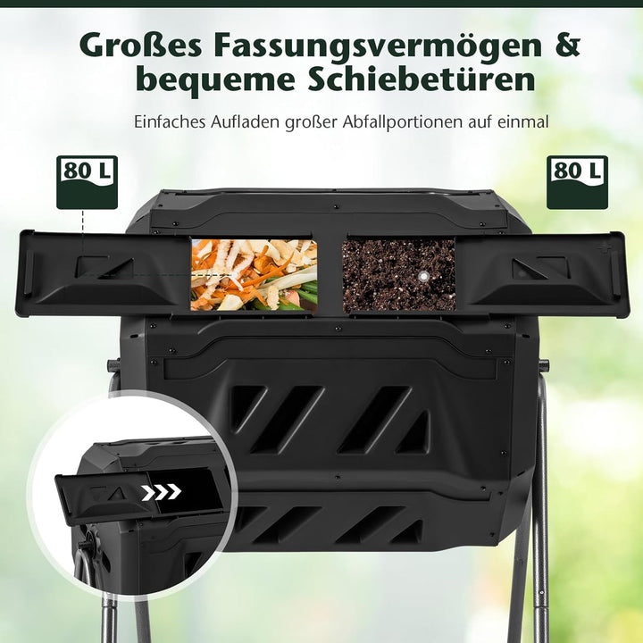 RELAX4LIFE 160L Komposter Garten, Schnellkomposter mit 2 Kammern, 16 Lüftungsschlitzen & Schiebetüre