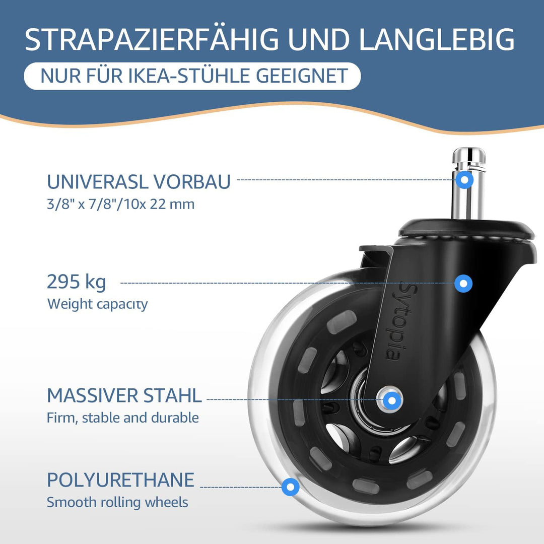 Sytopia Bürostuhl Rollen 10mm, 5er Set Rollen für Bürostühle, Super Leise und Weiche Hartbodenrollen