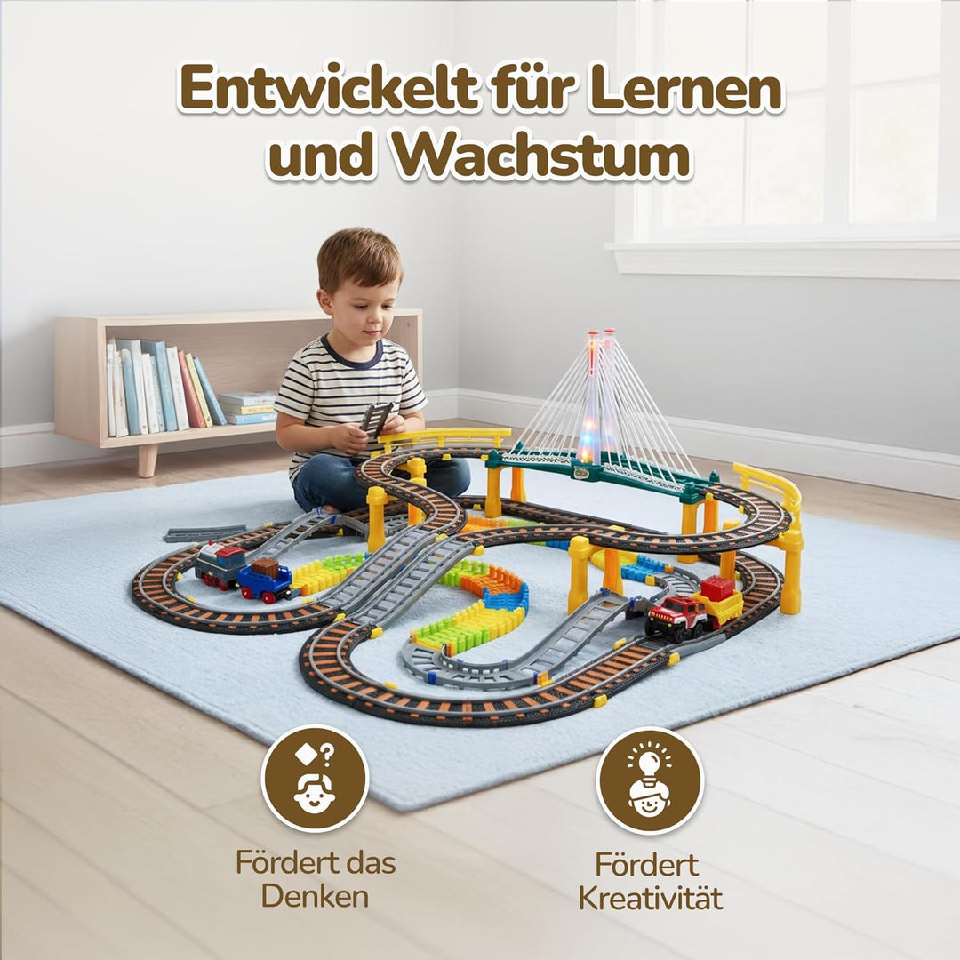 Kinderplay Elektrische Eisenbahn mit Rennbahn - Bahngleise, Autorennbahn, Batteriebetriebener Zug, 2