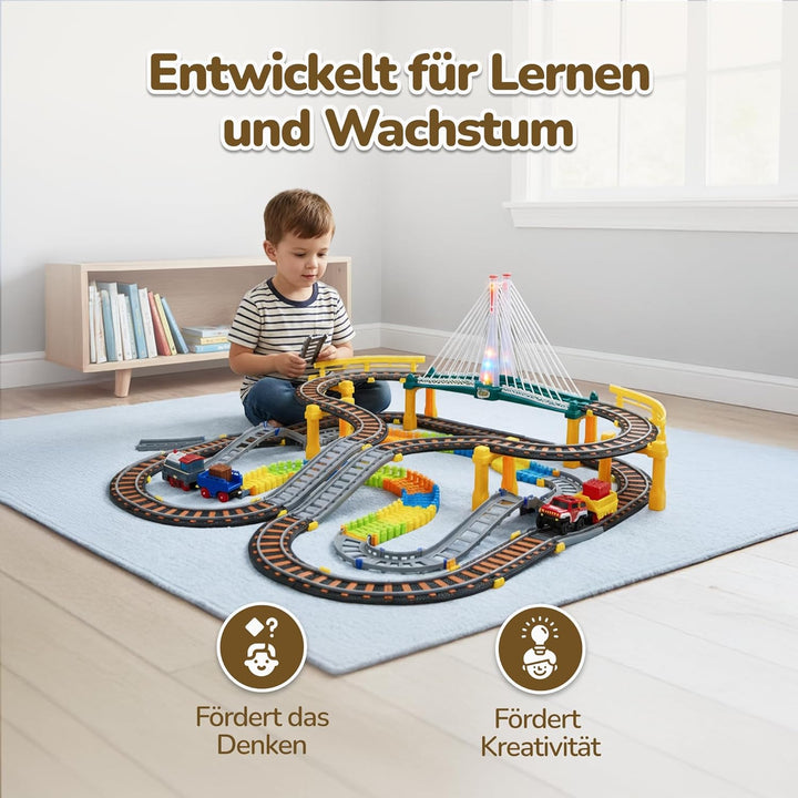 Kinderplay Elektrische Eisenbahn mit Rennbahn - Bahngleise, Autorennbahn, Batteriebetriebener Zug, 2