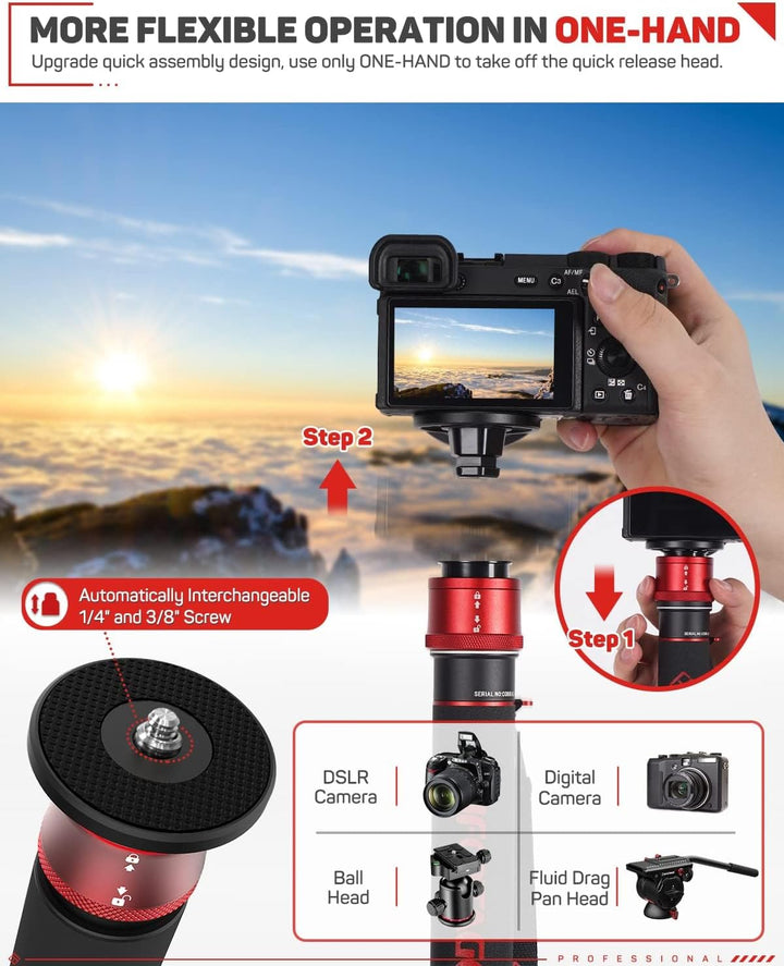 IFOOTAGE Cobra 3 Einbeinstativ Kamera C180F-P, automatische 1/4"- und 3/8"-Schraube, Kohlefaser, mit