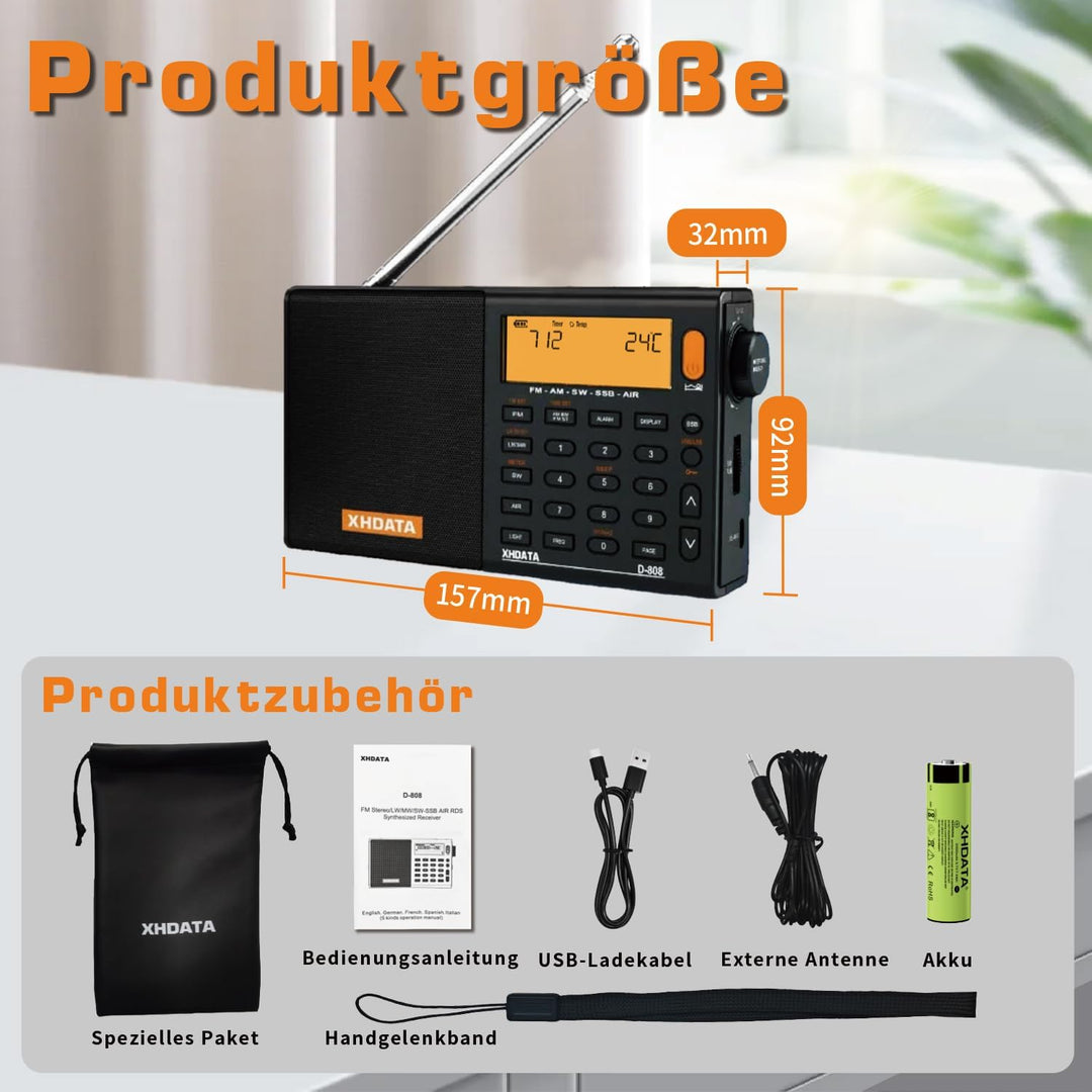 XHDATA D808 Tragbares Digitales Radio, Weltempfänger Radio, Kurzwellenempfänger, UKW-Stereo/KW/MW/LW