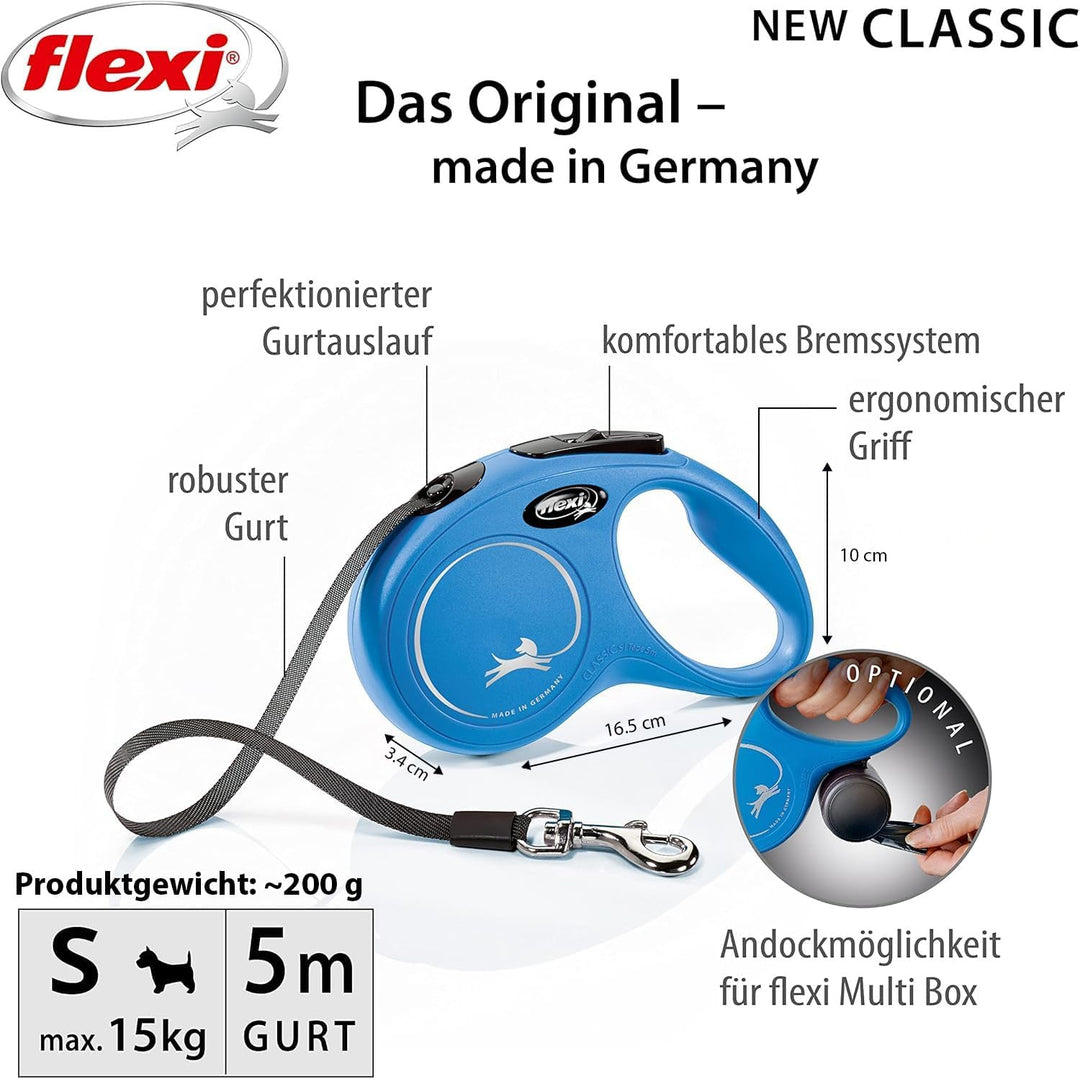 flexi® Classic S Gurt 5 m blau, Roll-Leine für Hunde bis 15 kg, S