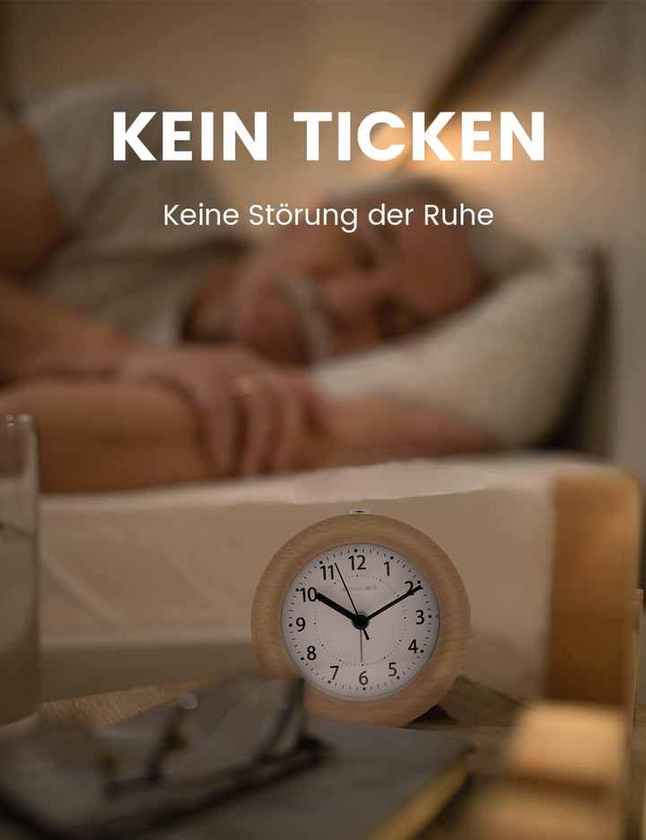 Wecker Analog Ohne Ticken, Wecker Holz mit Snooze, Nachttisch Tischuhr mit Nachtlicht, reisewecker m