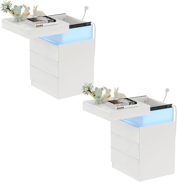 PIPIPOXER 2er Set Nachttisch mit Steckdose, Nachtschrank mit Led Licht, Nachtkommode mit 3 Schublade