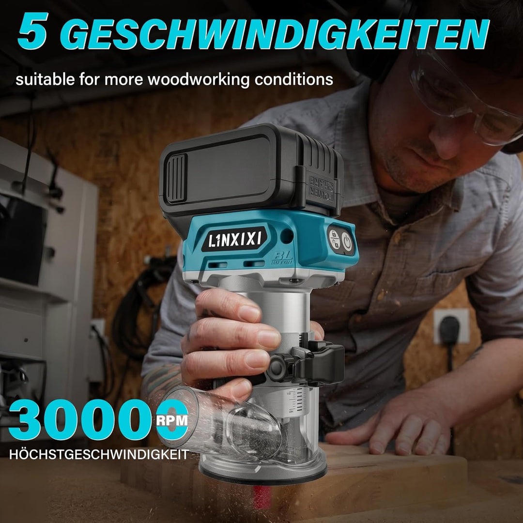 Akku Oberfräse für Makita 18V LXT Akku, 800W Bürstenloser Oberfräse mit 5 Geschwindigkeiten, MAX.300