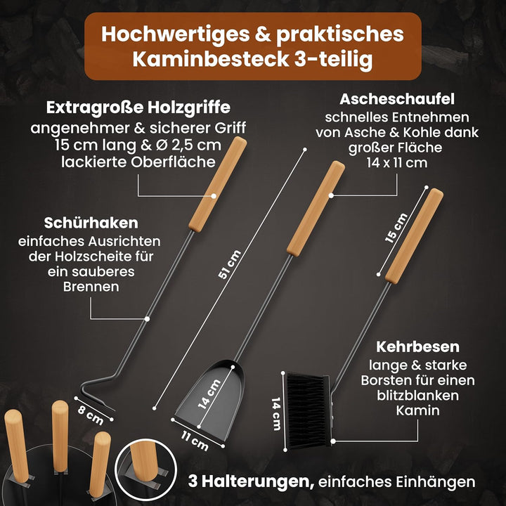 BLACK OAK Kaminbesteck VAIL 4-teilig - modernes Ofenbesteck Set schwarz mit Holzgriff 4 teilig mit S