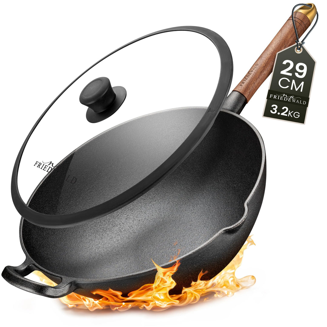 Friedewald® Gusseisen Wok mit Deckel - induktionsgeeignet - 29 cm/für 2-4 Personen - alle Herdarten