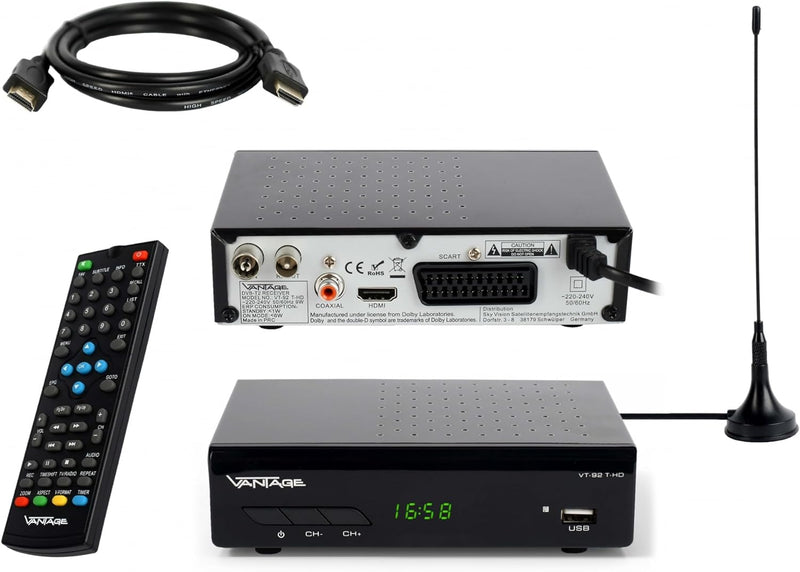 Vantage VT-92 DVB-T/T2 Reciever, Empfang Aller freien SD und HD DVB-T2 Sender, Digital, Full-HD 1080