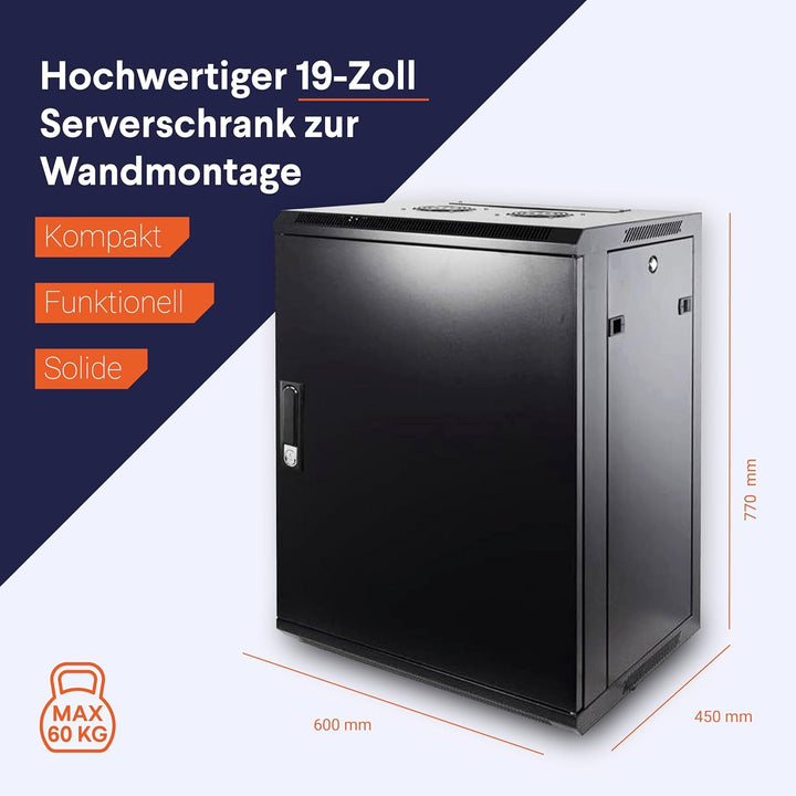 15HE Netzwerkschrank (Serverschrank) 19 Zoll Wandmontage - mit Metalltür (BxTxH) 600 x 450 x 770mm -