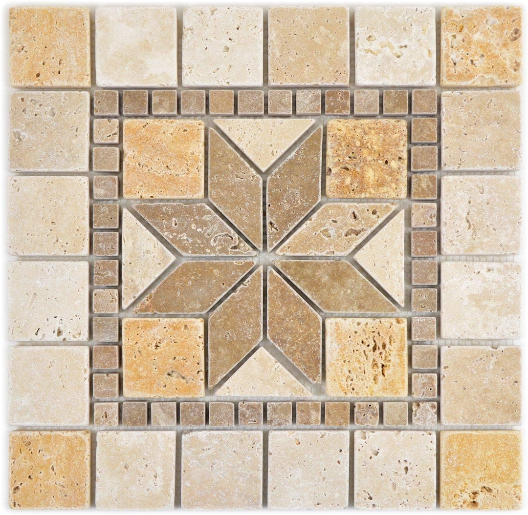 Naturstein Mosaik Einleger Fliese Travertin beige gelb walnuss für WANDDEKO BAD WC KÜCHENDEKO