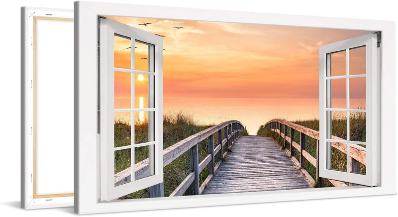 PICANOVA – Bild auf Leinwand Holzweg zum Meer Fenster 100x50cm – Leinwandbild – Premium Leinwanddruc