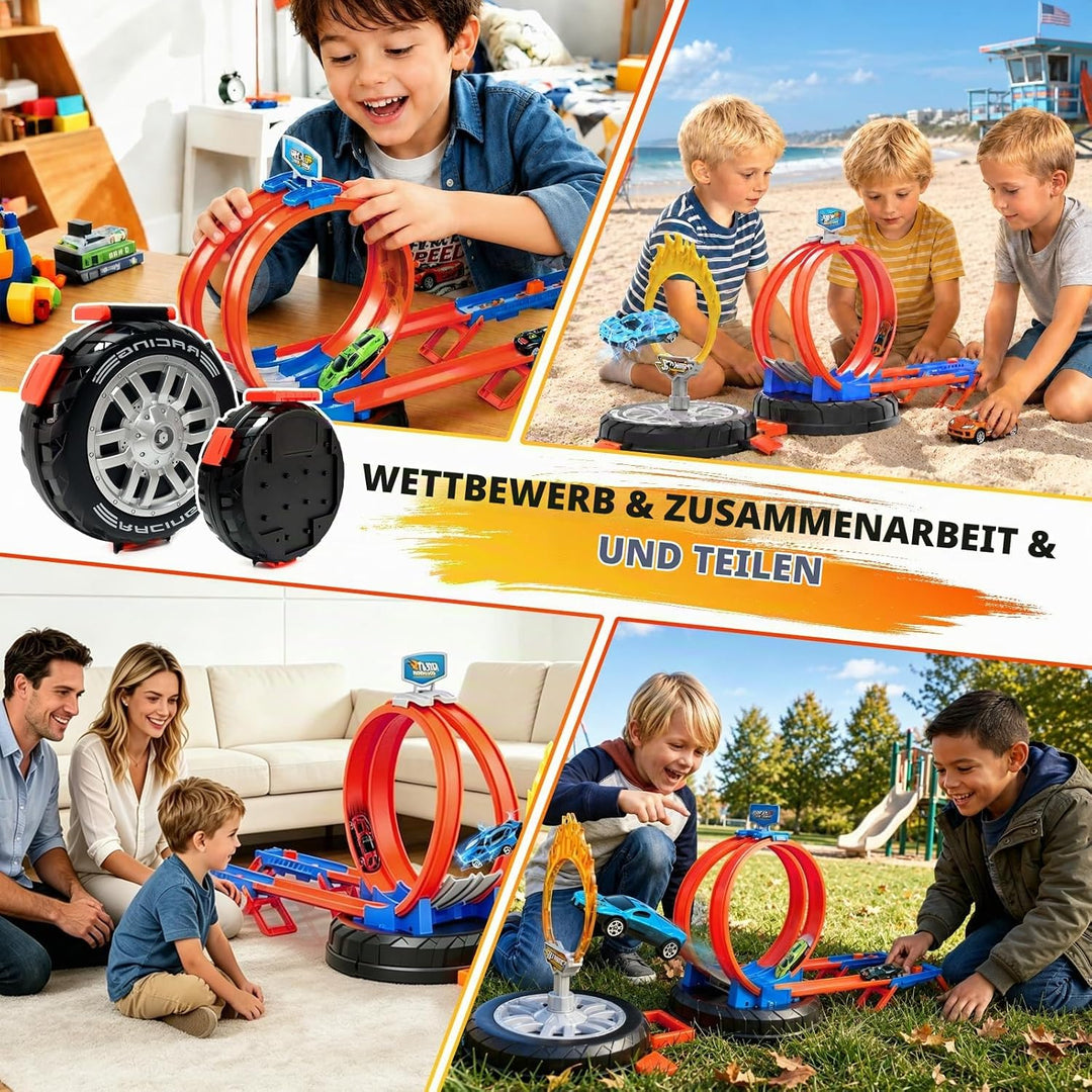 Autorennbahn Rennspielzeug Kinder mit 6 Spielzeugautos 2 Rampen 1 Reifenaufbewahrungsbox für Mädchen