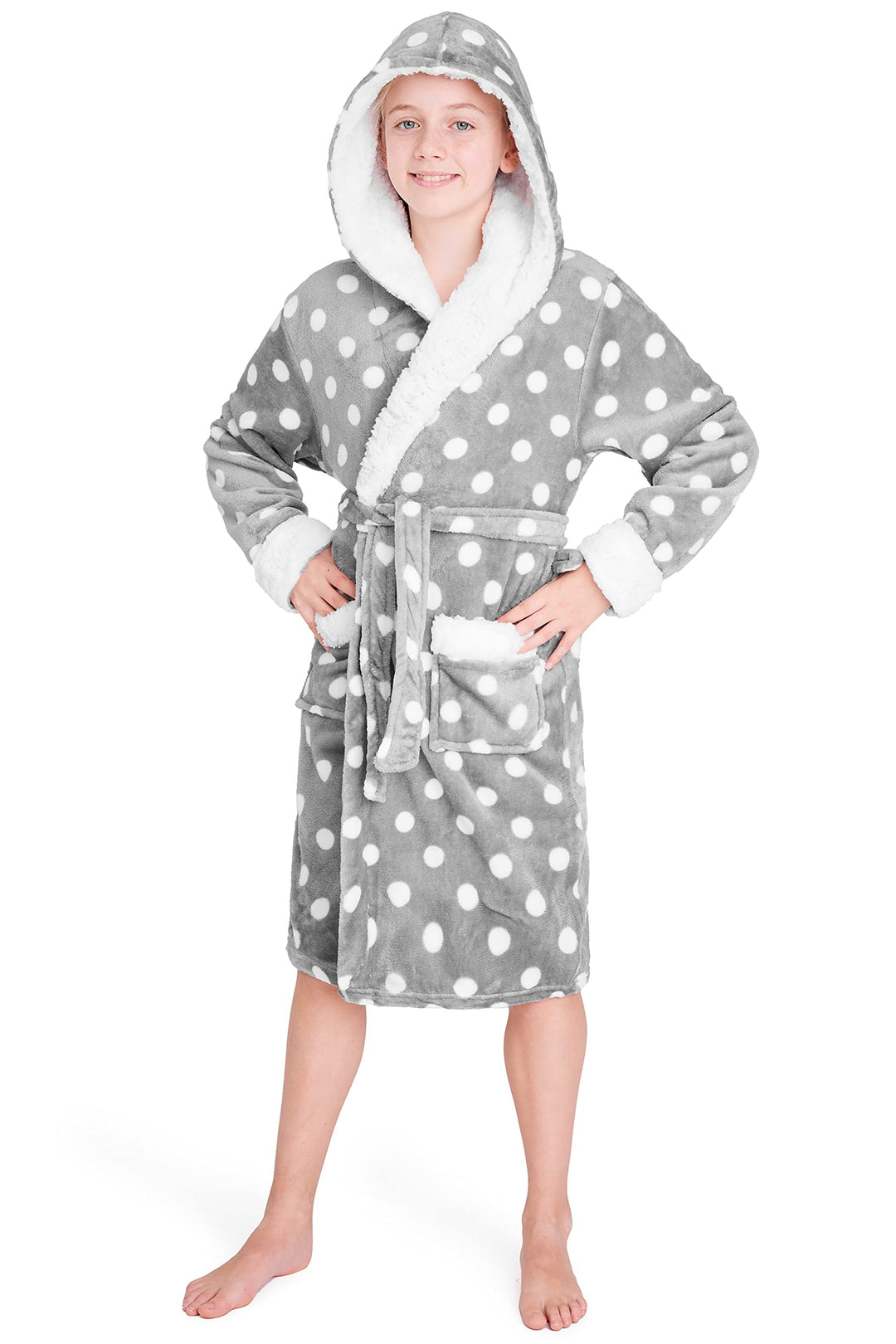 CityComfort Bademantel Kinder Mädchen, Fleece Morgenmantel Kinder Dressing Gown mit Punkten 9-10 Jah