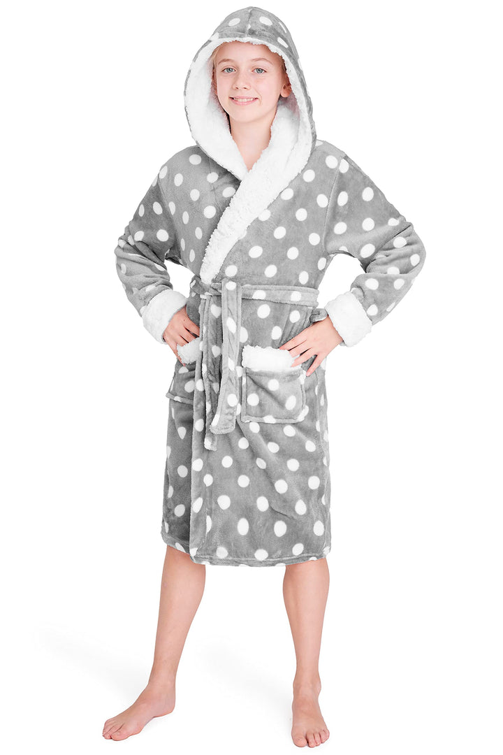 CityComfort Bademantel Kinder Mädchen, Fleece Morgenmantel Kinder Dressing Gown mit Punkten 9-10 Jah