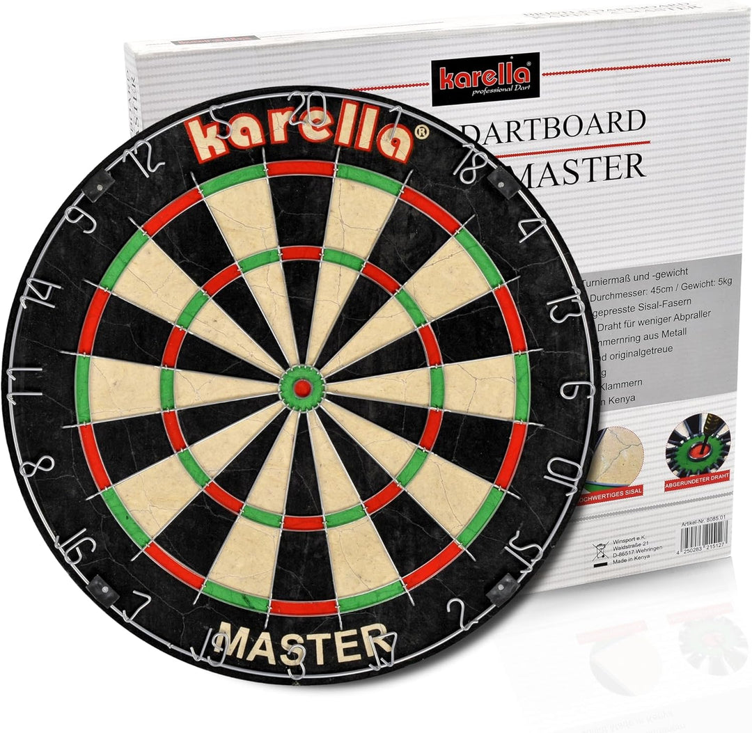 Karella Dartboard Master - hochwertiges Sisal Turnierdartboard, inkl. Wandhalterung und Spielregeln,