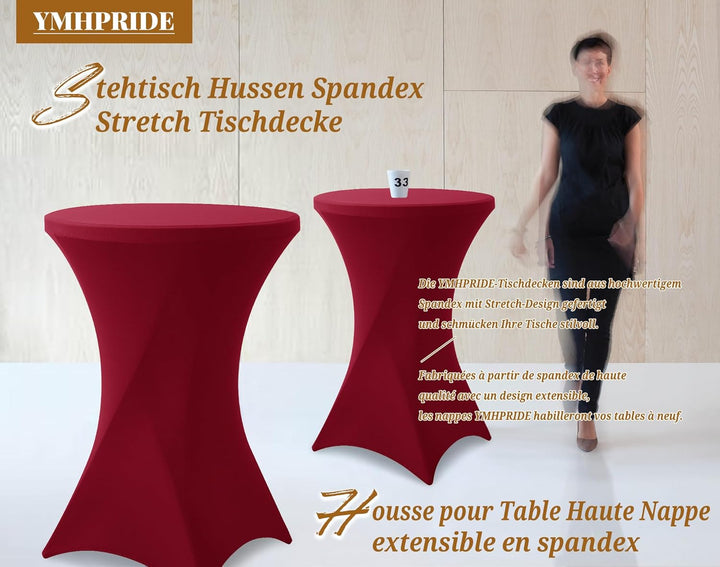 3er-Set Stretch Stehtisch Husse für Bistrotisch Burgunder Rot Ø80-85 cm Spandex Stretch Tischdecke,