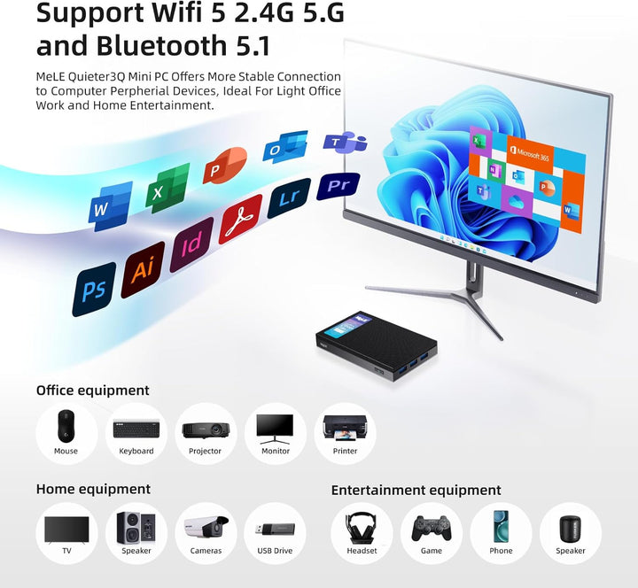 MeLE Quieter3Q Lüfterloser Mini PC Windows 11 Pro Celeron N5105 8GB 256GB, Portable Desktop HDMI Wif
