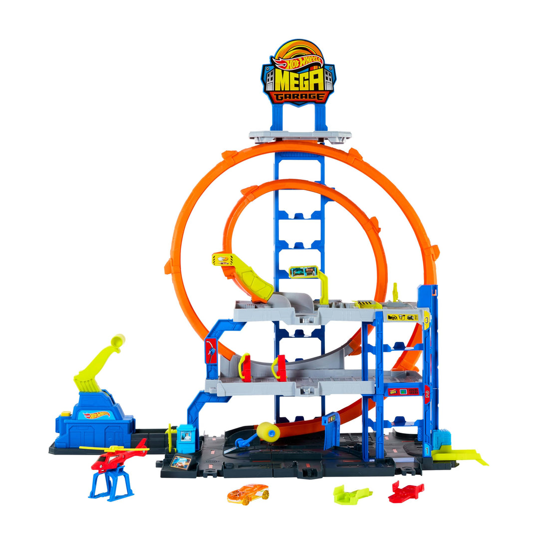 Hot Wheels Spielzeugauto Trackset, mit Die-Cast-Auto und Hubschrauber, 3 Spielebenen, 2 Loopings, Pl