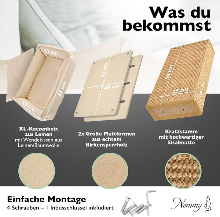 Nemmy Premium Kratzbaum klein beige | Stabiler Kratzstamm extra breit | Katzenbett mit Kissen | Katz