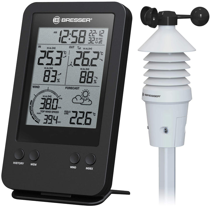 Bresser Wetterstation Funk mit Aussensensor 3-in-1 Profi Windmesser mit Anzeige für Windgeschwindigk