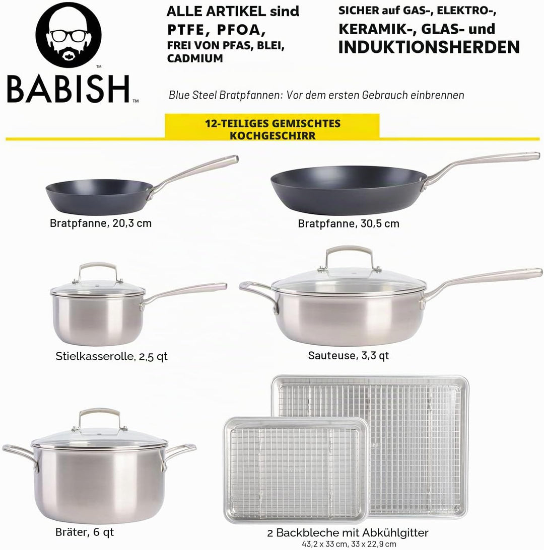 Babish 12-Piece Mixed Material (Stainless Steel, Carbon Steel, &amp; Aluminum) Cookware Set W/Baking She