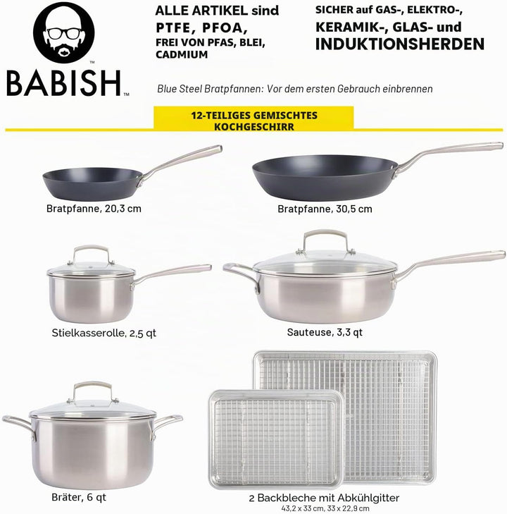 Babish 12-Piece Mixed Material (Stainless Steel, Carbon Steel, &amp; Aluminum) Cookware Set W/Baking She