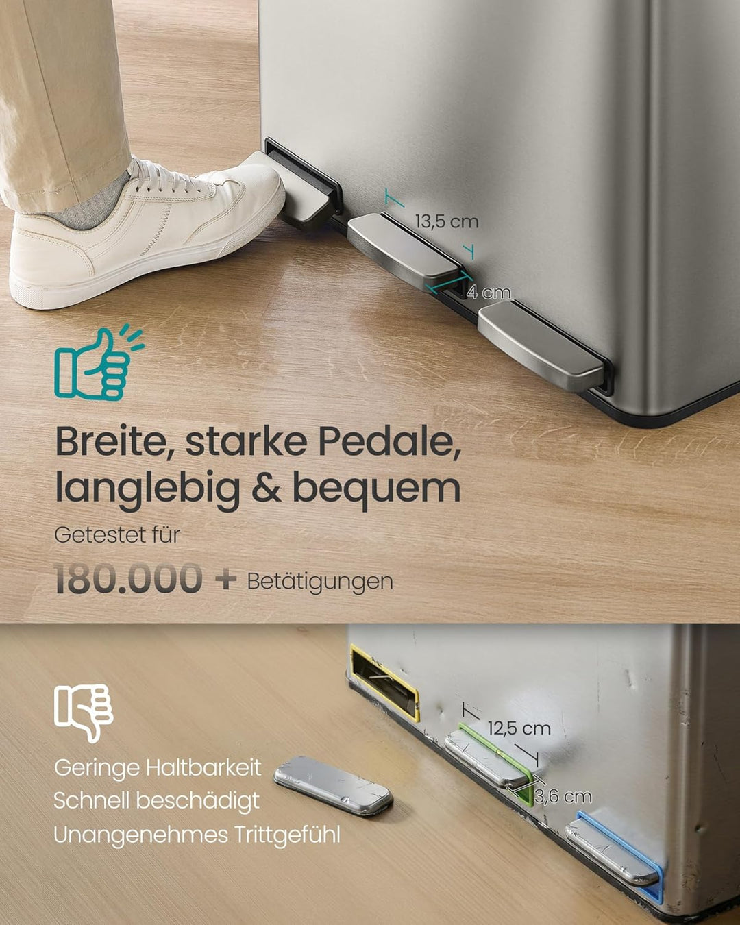 SONGMICS Mülleimer Küche, 3 x 15 L, Mülltrennsystem 3 Fächer, Abfalleimer mit 15 Müllbeuteln, Tretmü
