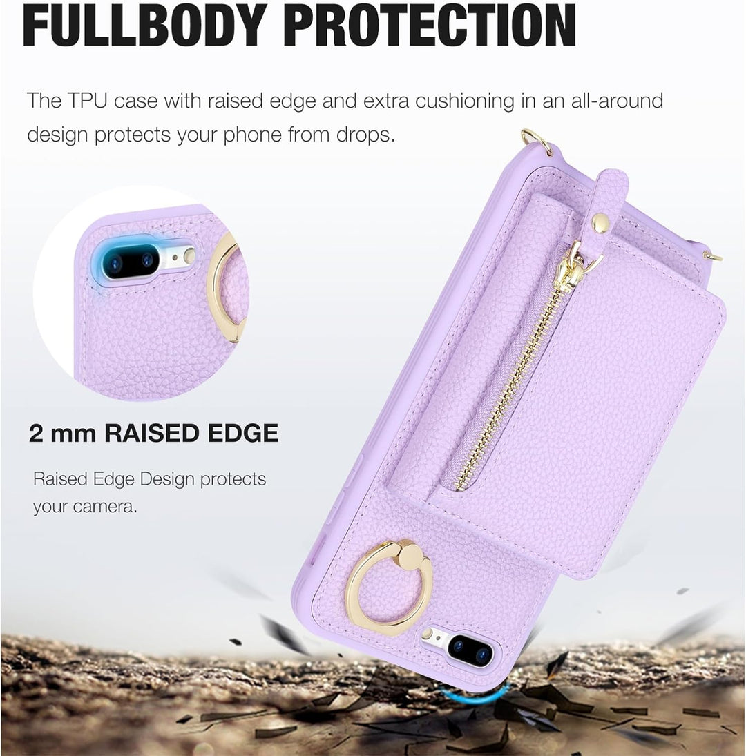 ELTEKER Handyhülle für iPhone 7 Plus/8 Plus Hülle mit Band Kartenfach Handykette Geldbörse,Leder Kla