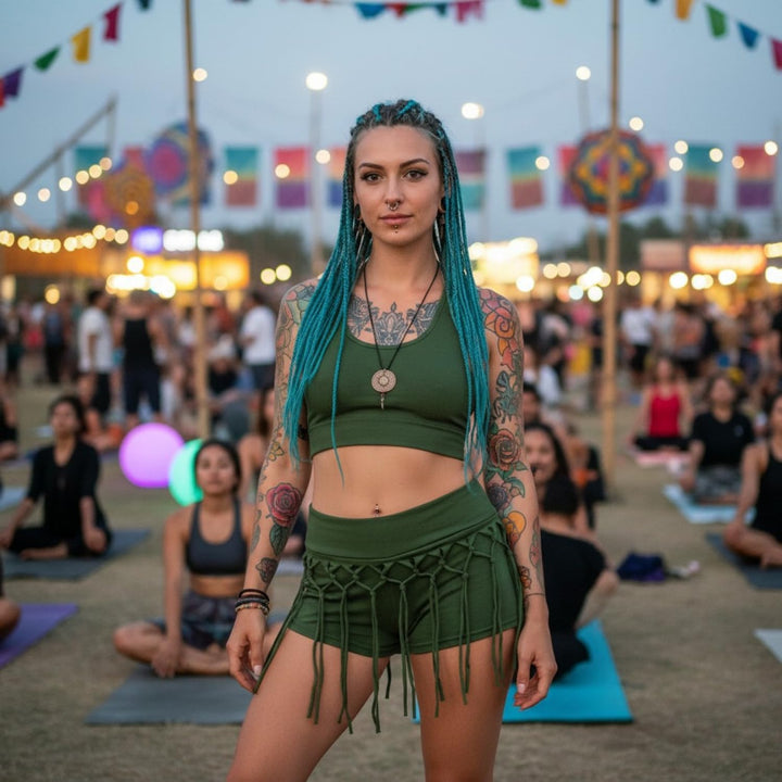 GURU SHOP Goa Pantys, Psytrance Hotpants, Shorts, Damen, Baumwolle 40 Olive, 40 Olive