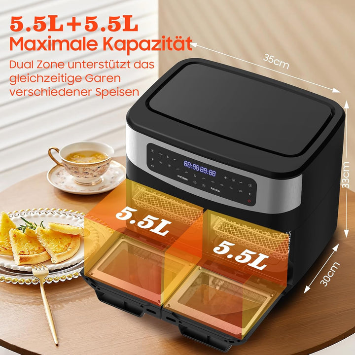 Heissluftfritteuse Dual Zone 12L - XXL Airfryer mit herausnehmbarem Trenner, 2600W Heissluftfritteus