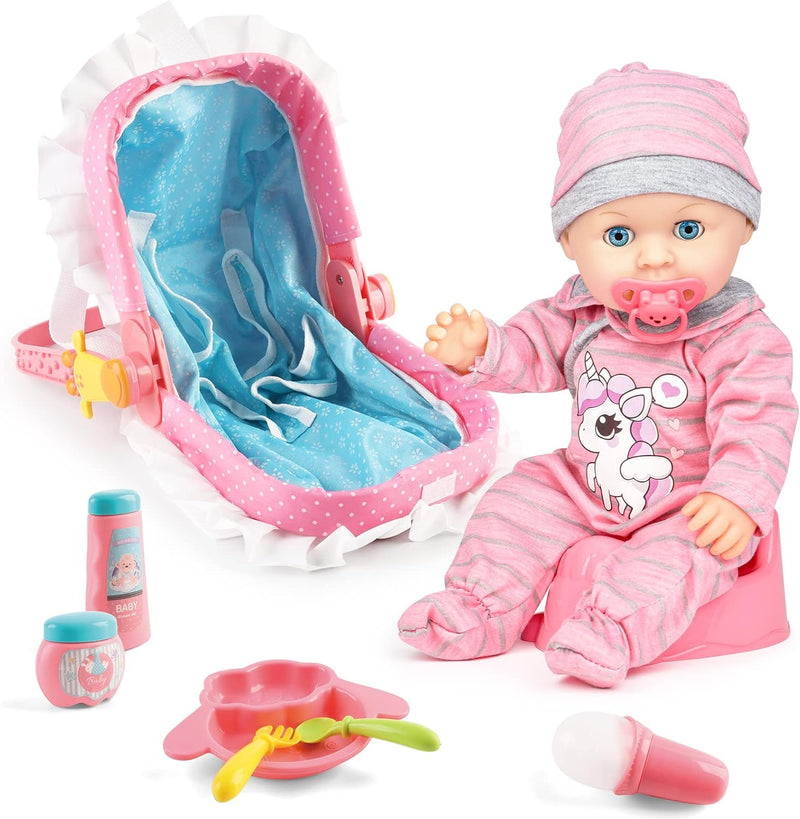 deAO Puppen Set mit Tragbar Puppenwiege, Meine Erste Babypuppe, Enthalt Töpfchen, Flasche, Schnuller