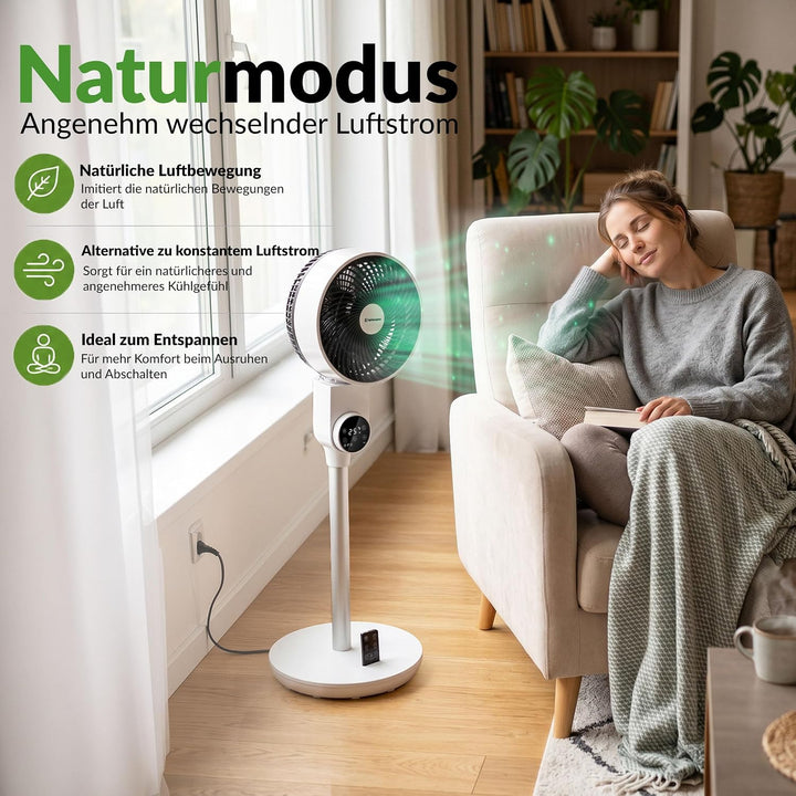 LEHMANN Standventilator, leiser Ventilator mit Schlafmodus & Naturmodus, Timer 12 h, Fernbedienung,