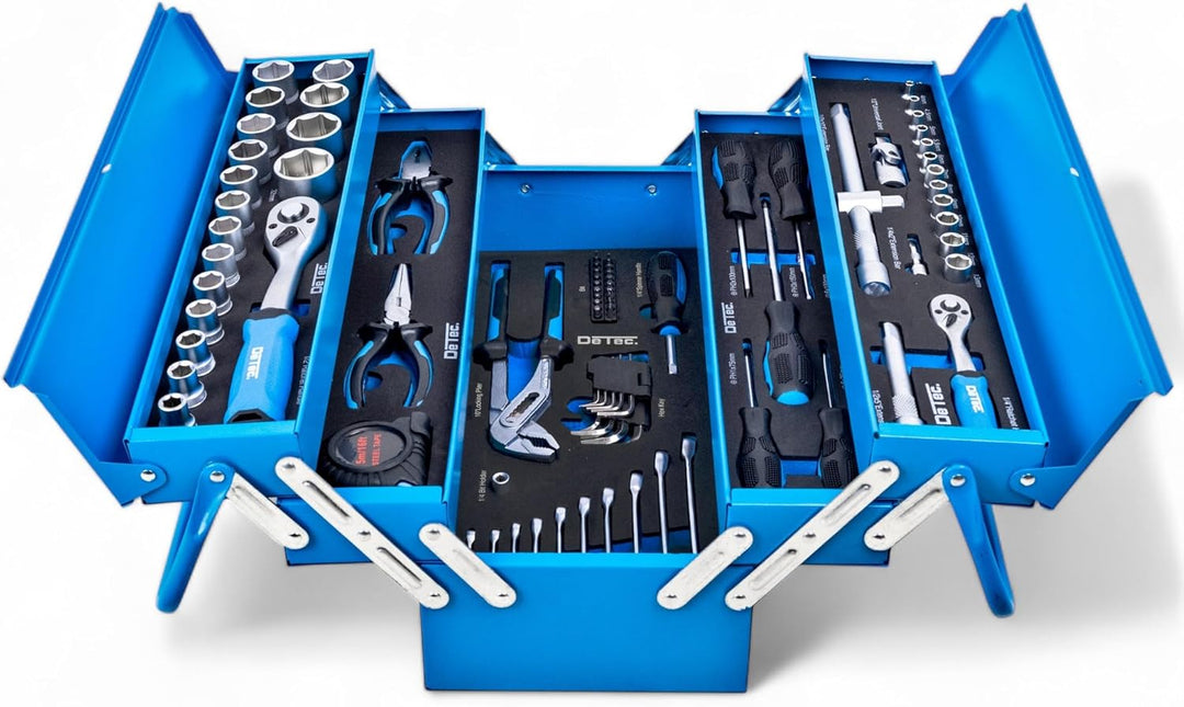 DeTec. Werkzeugkiste blue Edition | klassischer Metall-Werkzeugkasten gefüllt mit Werkzeug - 86tlg.
