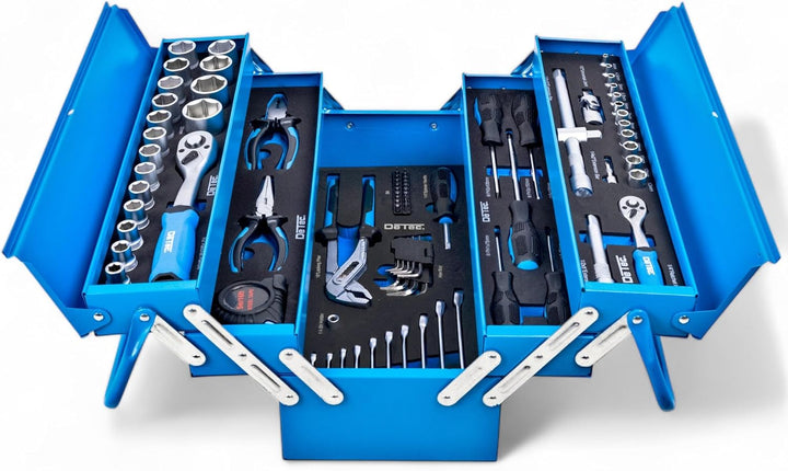 DeTec. Werkzeugkiste blue Edition | klassischer Metall-Werkzeugkasten gefüllt mit Werkzeug - 86tlg.