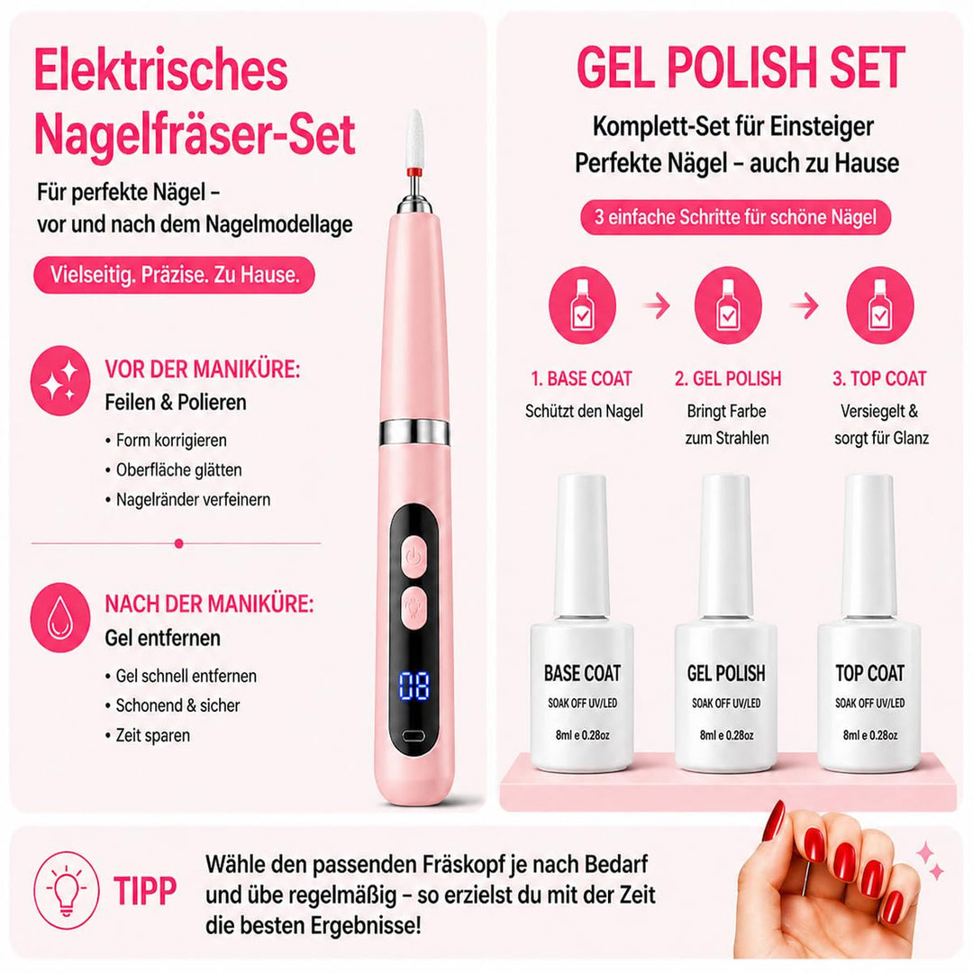 Gelnägel Starter Set für Anfänger, Kabelloser Nagelfräser mit Integriertem UV-Licht, UV Gel Nagellac