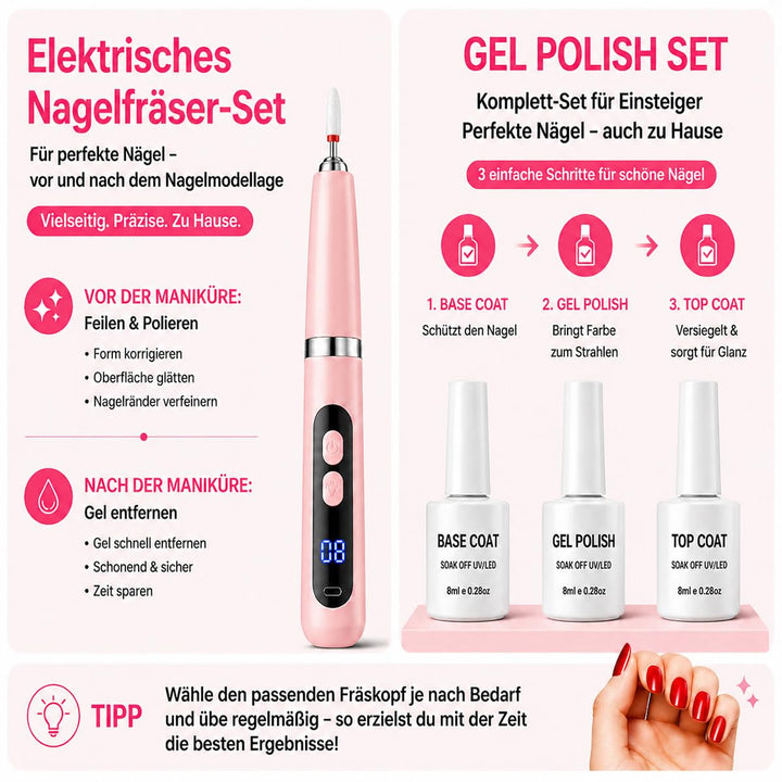 Gelnägel Starter Set für Anfänger, Kabelloser Nagelfräser mit Integriertem UV-Licht, UV Gel Nagellac