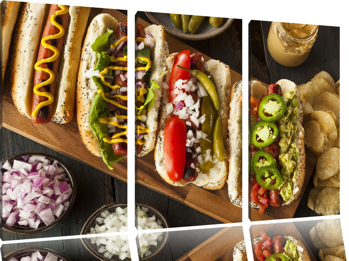 Amerikanische Hotdogs als 3-Teiler Leinwandbild 120x80 Bild auf Leinwand, XXL riesige Bilder fertig