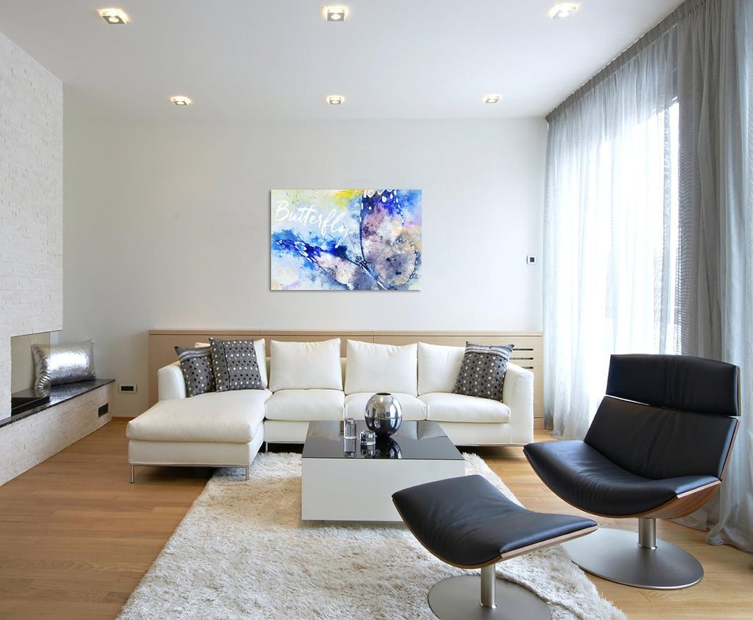 Paul Sinus Art Bild Leinwand 120x80cm Schmetterling im Flug in Blautönen mit Kalligraphie, 120x80cm
