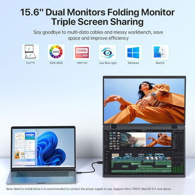 EVICIV Portable Monitor 15.6'' Dual Tragbarer Monitor Stacked 360° Folding Monitor, 1080P 100% sRGB