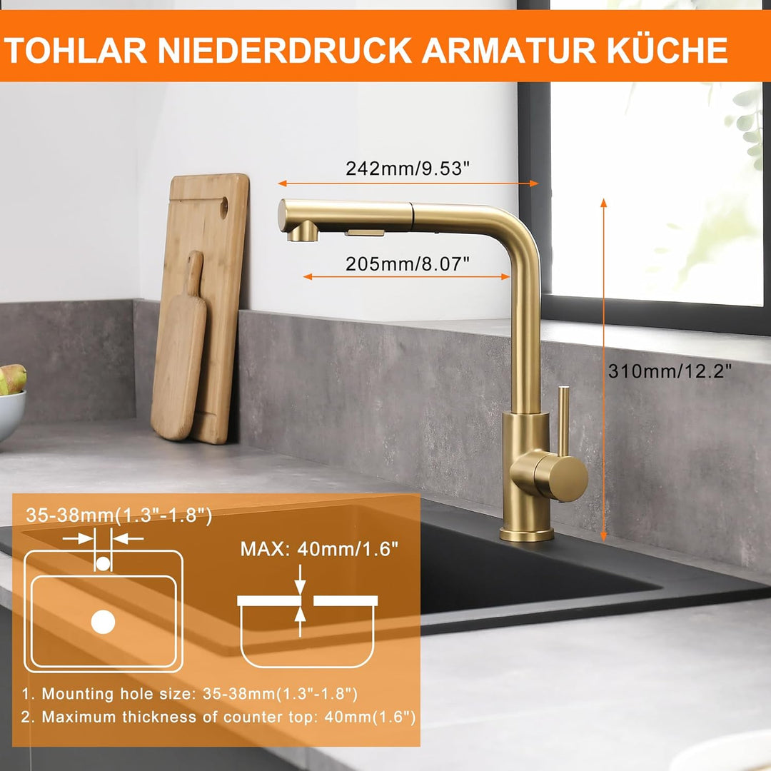 Tohlar Niederdruck Armatur Küche Gold, Goldener Küchenamatur Ausziehbar Niederdruck mit Magnet Braus