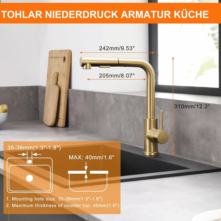 Tohlar Niederdruck Armatur Küche Gold, Goldener Küchenamatur Ausziehbar Niederdruck mit Magnet Braus