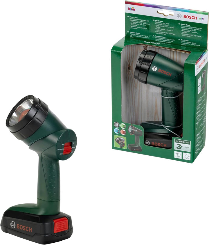 Theo Klein 8448 Bosch Akku-Lampe | Batteriebetriebene Lampe um 90 Grad drehbar | 4 Lichtfarben | Mas