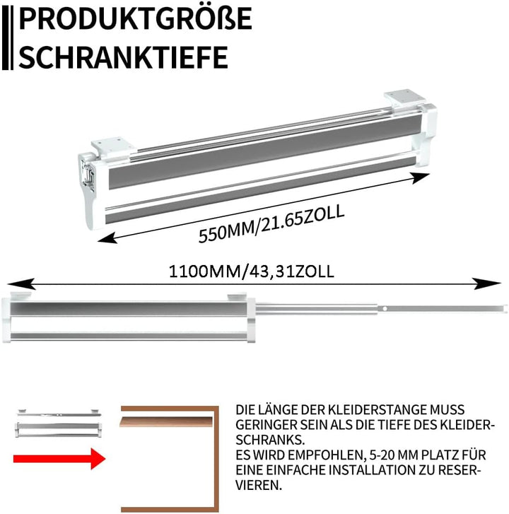 Kleiderschrank Kleiderstangen, 550 mm/21,65 Zoll Verstellbarer Ausziehbar Kleiderstangen, Hosenbügel