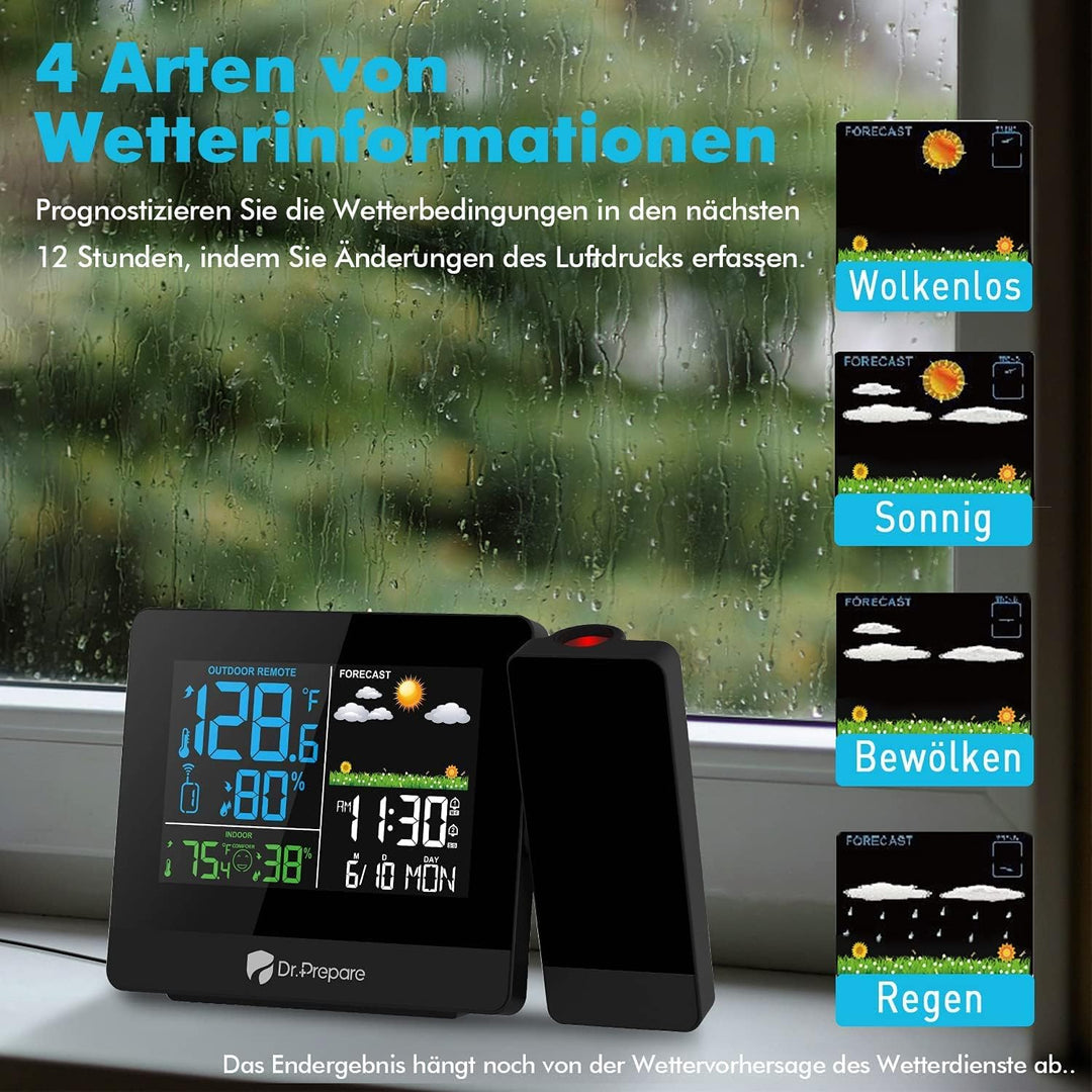 DR.PREPARE Projektionswecker Digitaler Wecker mit Projektion Wetterstation Wecker Projektionsuhr mit