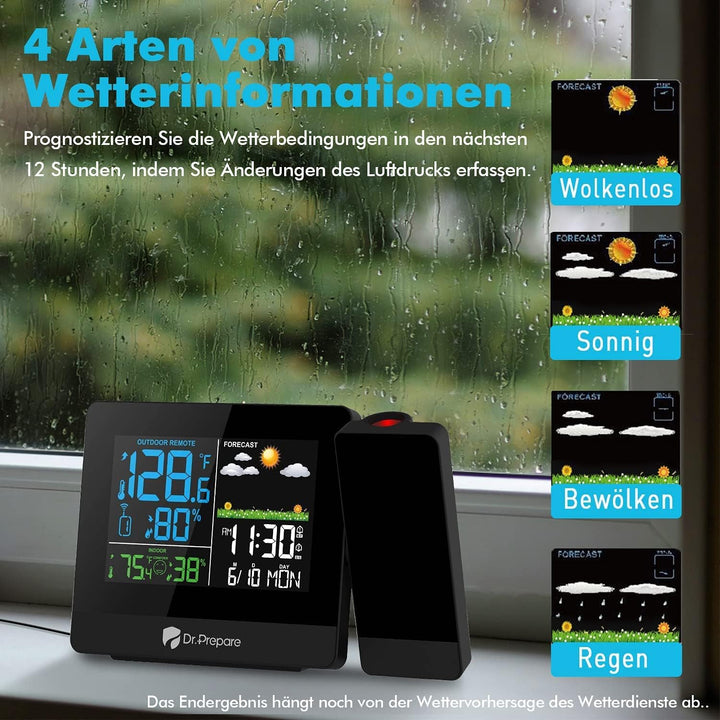 DR.PREPARE Projektionswecker Digitaler Wecker mit Projektion Wetterstation Wecker Projektionsuhr mit