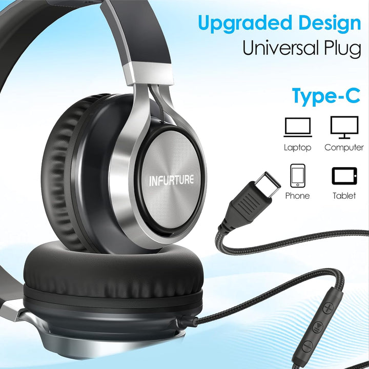 INFURTURE USB-C-Kopfhörer mit Mikrofon und Lautstärkeregler, Nur 191g Over Ear kopfhörer, Leicht Kop