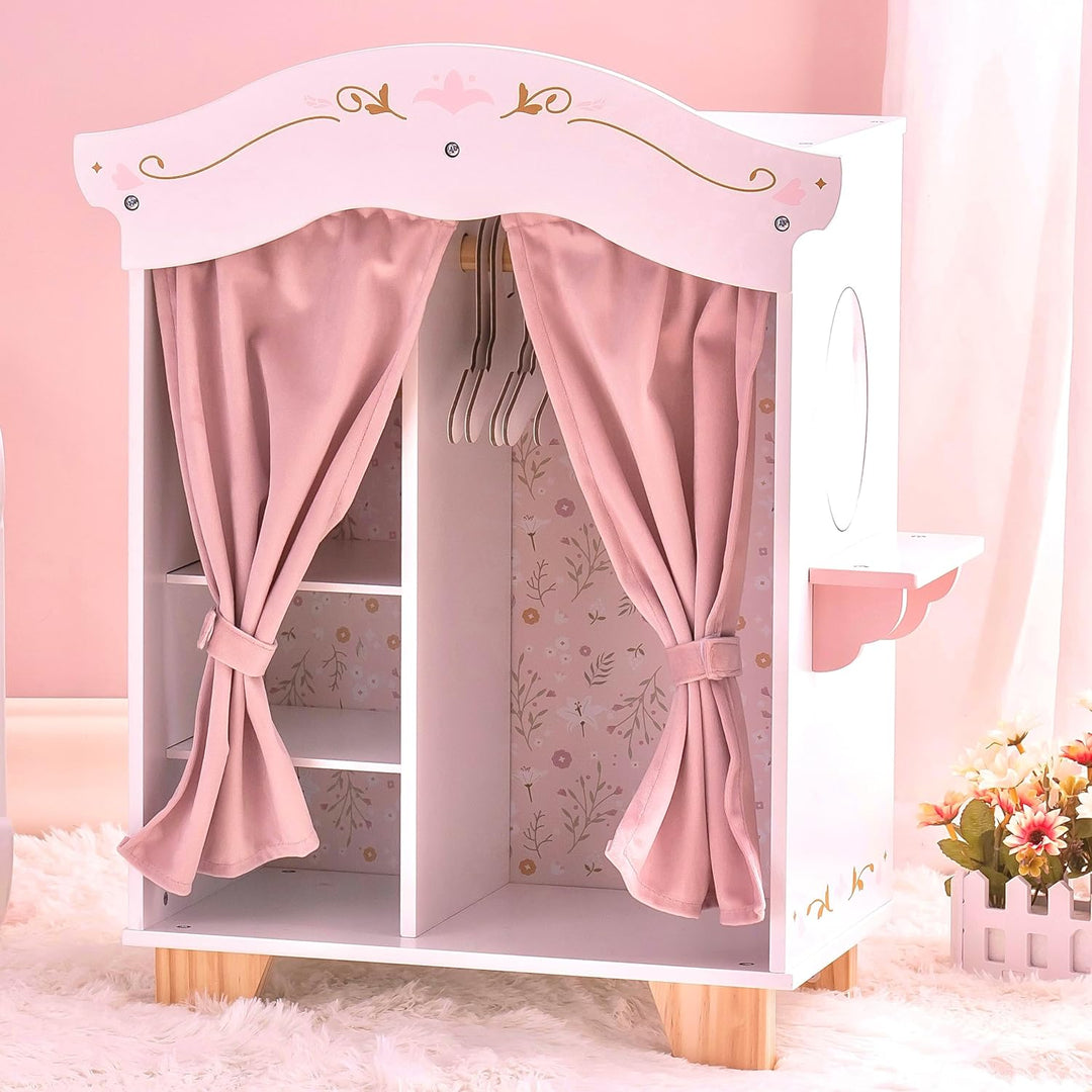 ROBUD Holzpuppenschrank mit Spiegel und 5 Kleiderbügeln Kinder ab 3 Jahren Süsser Puppenschrank, Süs